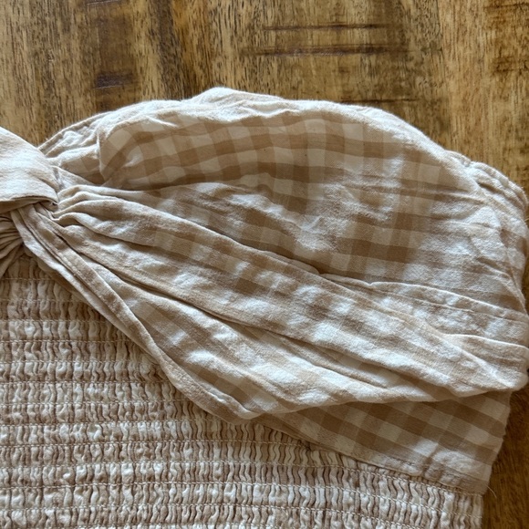 Japna 100% cotton Gingham Smocked Strapless tube Top blouse white tan Cream NWT - Picture 3 of 7